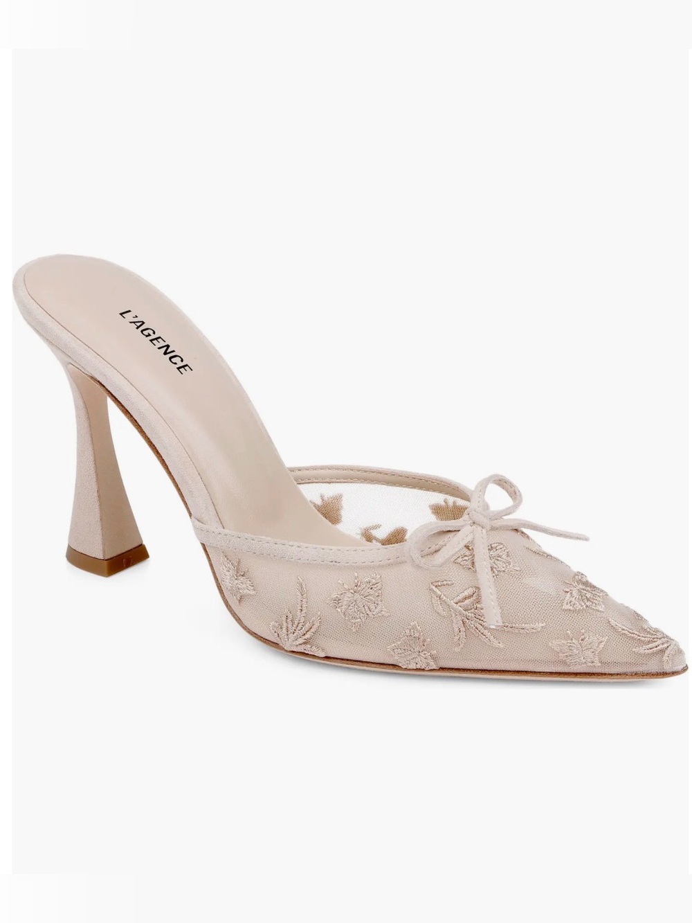 L'AGENCE Blush Embroidered Pointed-Toe Mesh Mule in Chai Color